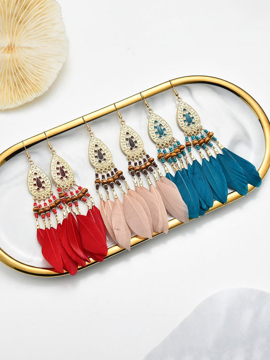 Boho Ethnic Feather Tassel Earrings