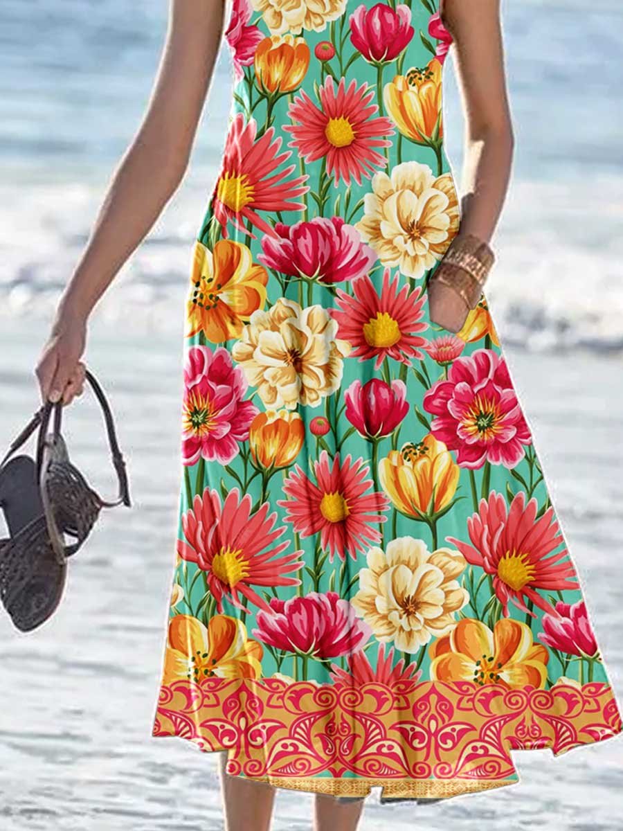 Women's Floral Print Resort Tank Top Dress with Pockets