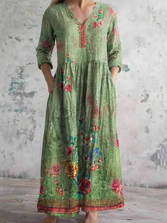 Women's Vintage Floral Print Casual Cotton Dress