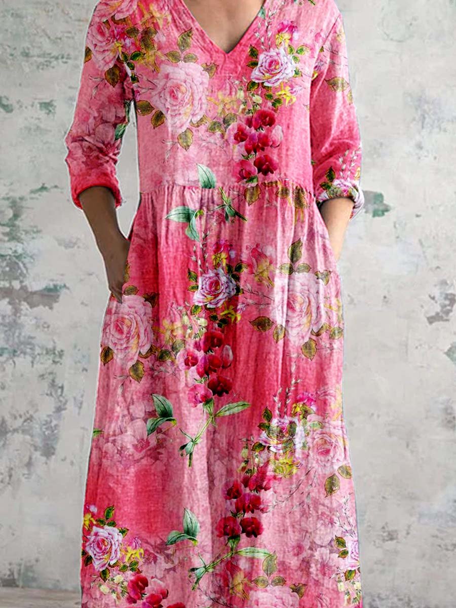 Women's Rose Floral V-Neck Resort Dress