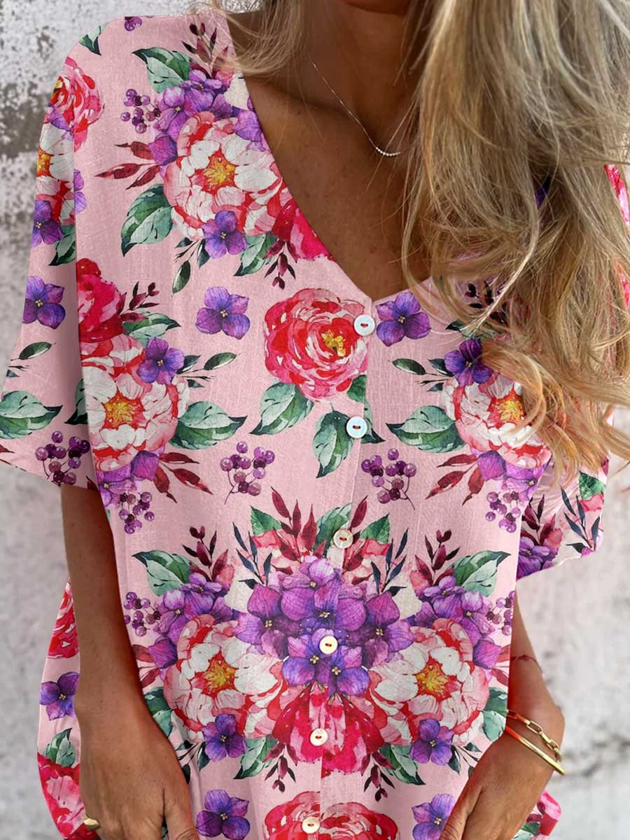 Women's Elegant Rose Floral Pattern V-Neck Shirt Style Cotton and Linen Top