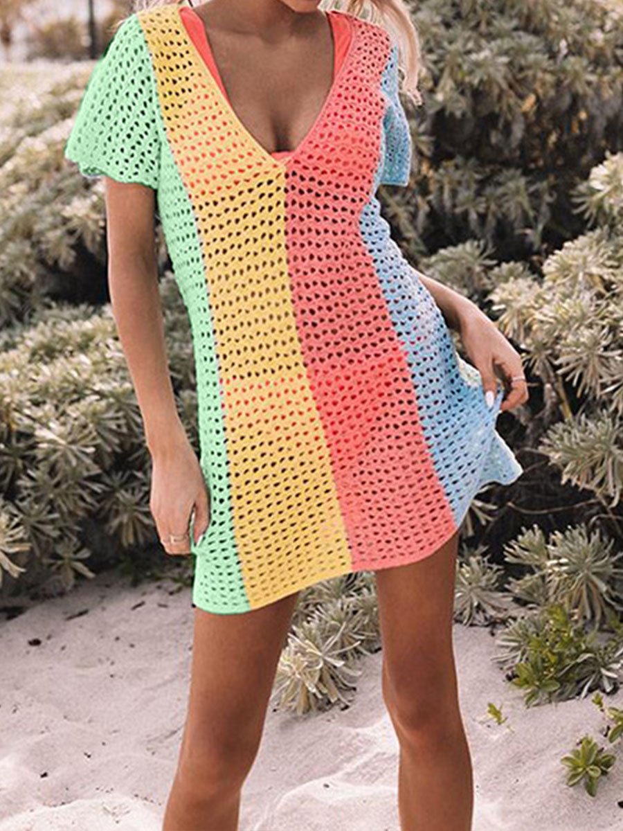 Women's Color Blocked Cutout Knit Bikini Cover Up