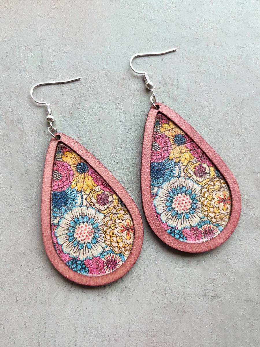 Women's Bohemian Print Thanksgiving Tear Drop Cork Earrings