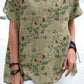 Women's Elegant Decorative Floral Pattern Round Neck Cotton and Linen Top