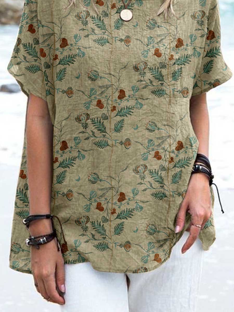 Women's Elegant Decorative Floral Pattern Round Neck Cotton and Linen Top