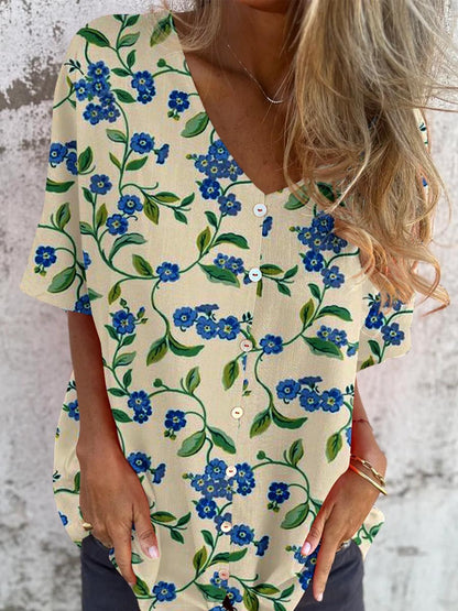 Women's Elegant Floral Pattern Shirt Style Cotton and Linen Top