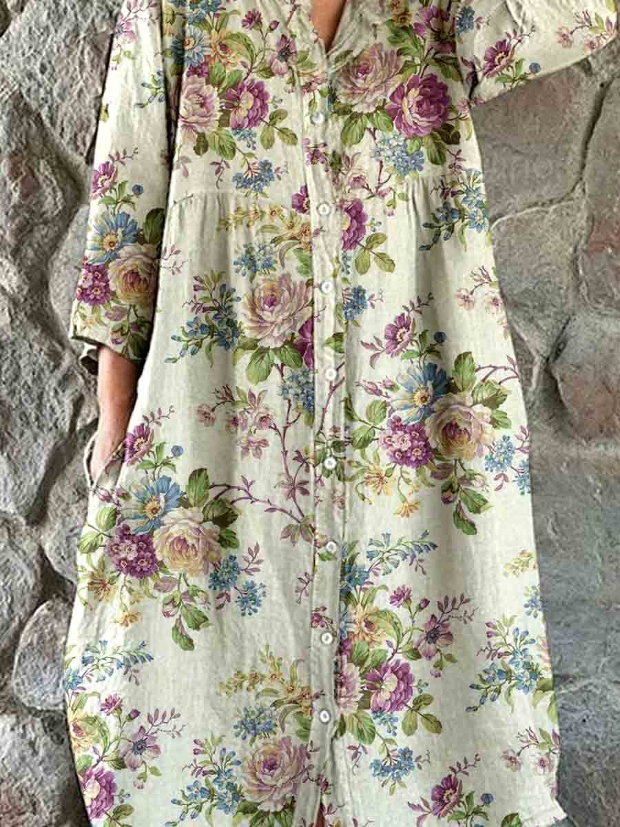 Women's Elegant Simple Floral Pattern Shirt Style Cotton and Linen Dress