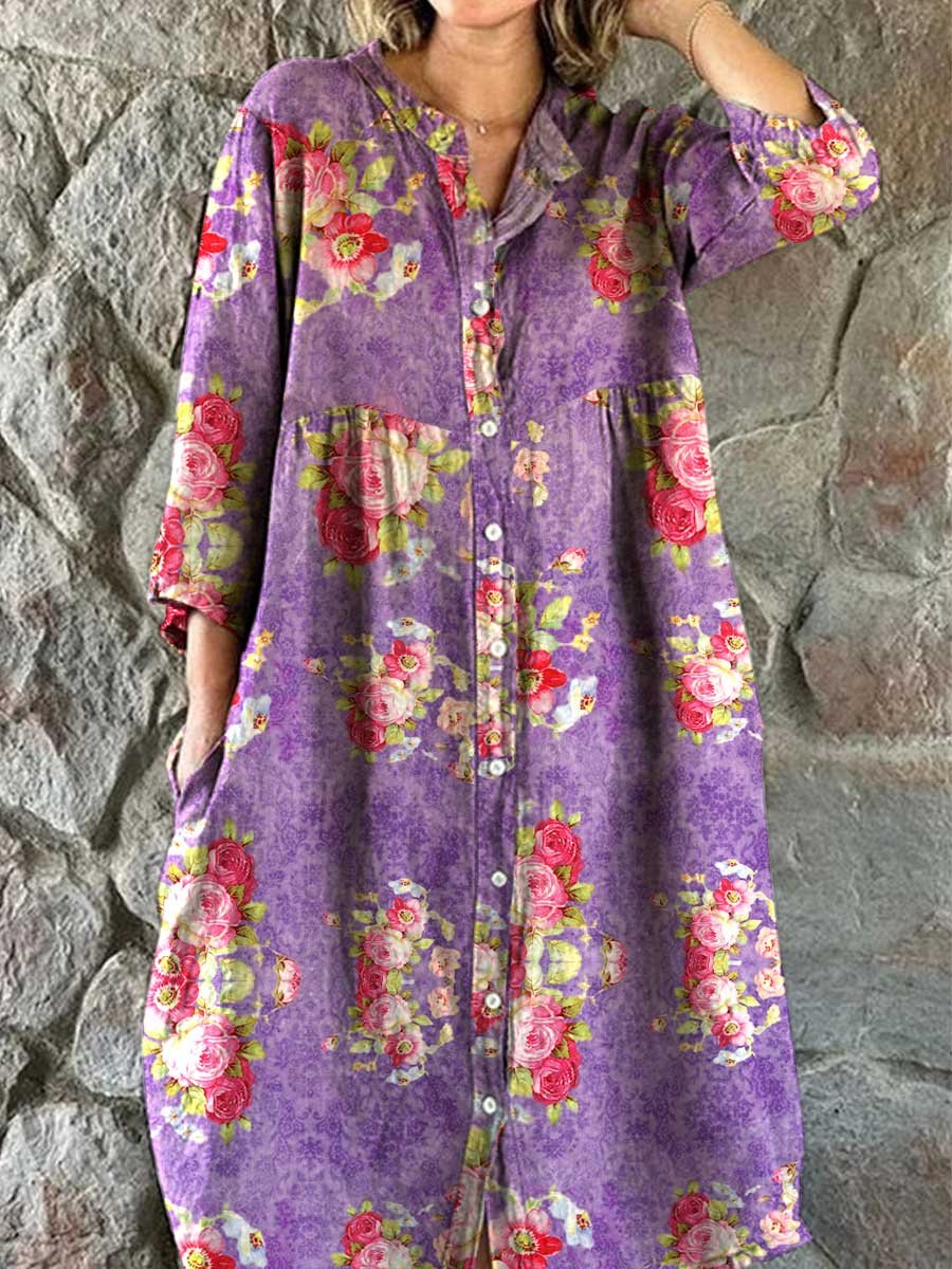 Women's Rose Floral Print Elegant Simple Shirt Cotton and Linen Dress