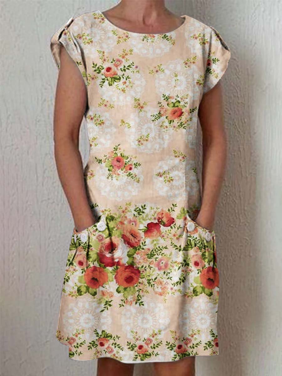 Women's Elegant Floral Pattern Crew Neck Dress